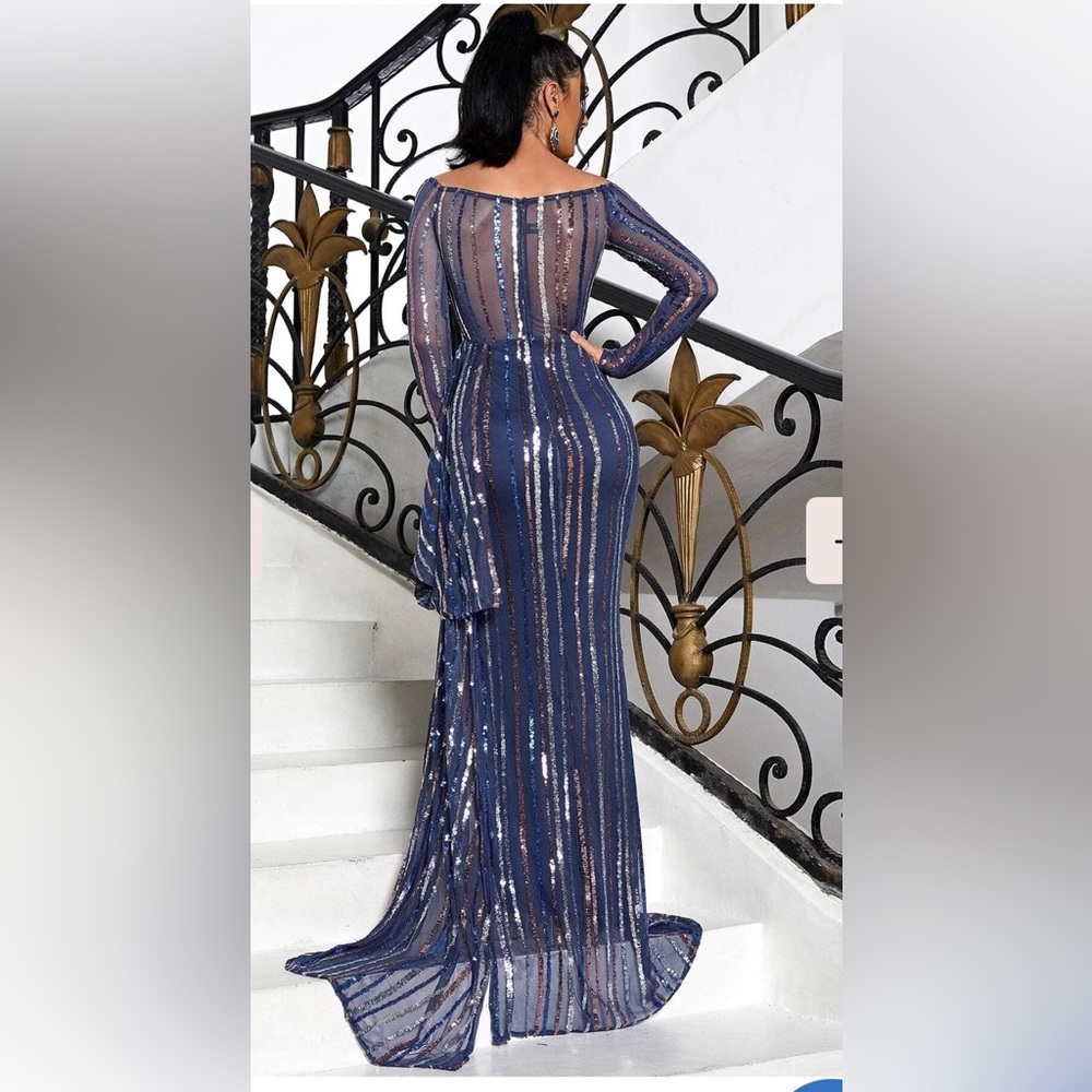 Off Shoulder Split Thigh Blue Mini Sequin Formal … - image 2